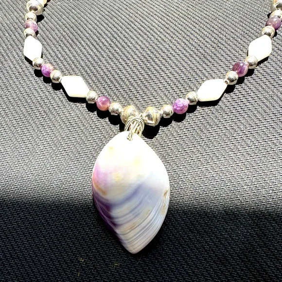 Hand Crafted “One of a Kind” White Coral/Amethyst/Sterling Silver Shell Necklace - Picture 2 of 3